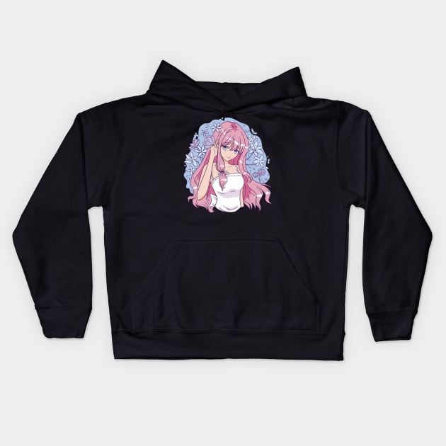 Girl in anime style with pink hair and surrounded by flowers for all Anime girl lovers Kids Hoodie by AbirAbd